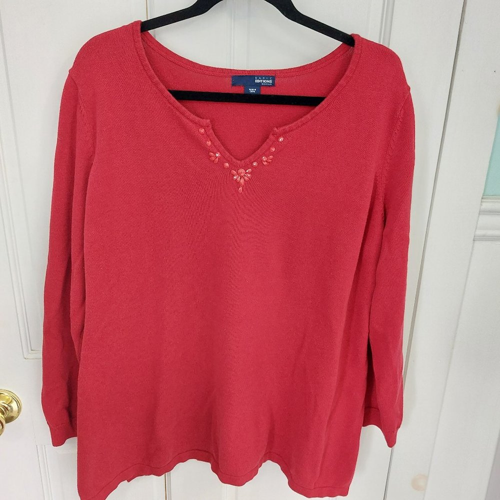 Basic Edition Plus Size Red Sweater with Embellished Neckline